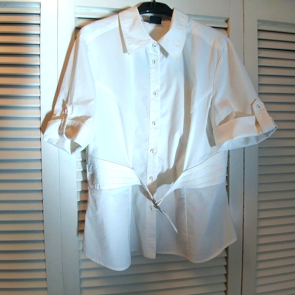 White Button-Up women's Shirt With Built In Belt